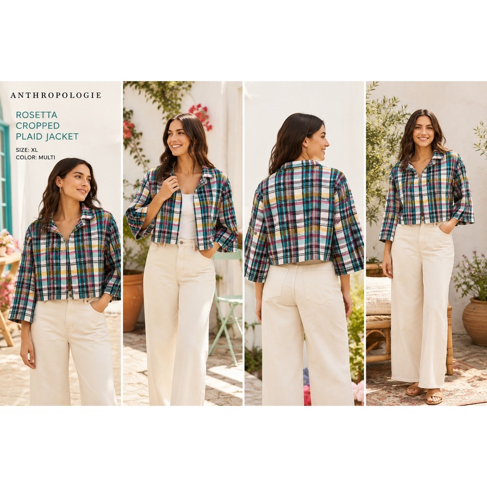 Anthropologie Rosetta Cropped Plaid Jacket Womens XL Multicolor Teal Pink Knit